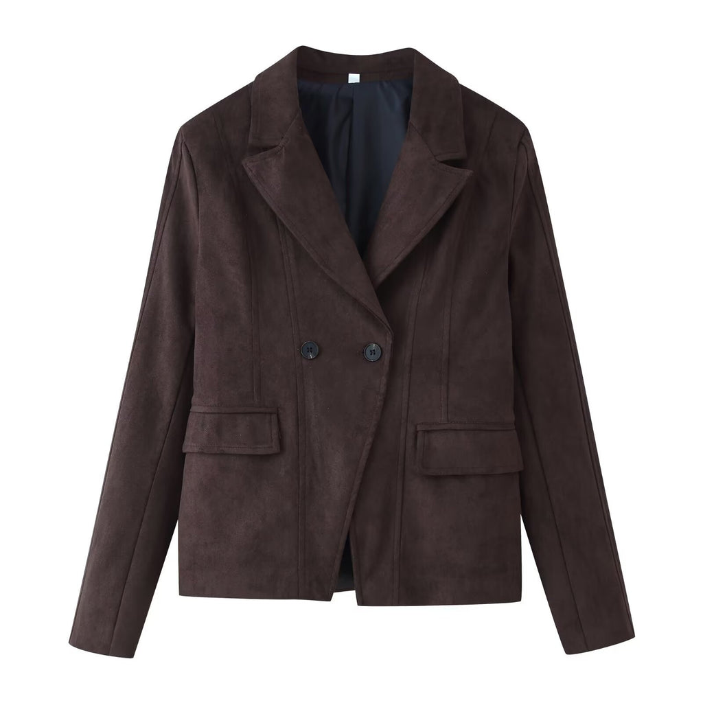Women Tailored Velvet Imitation Blazer with Double Breasted and Patch Pockets Fashion Glam