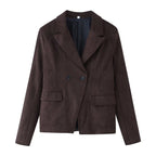 Women Tailored Velvet Imitation Blazer with Double Breasted and Patch Pockets Fashion Glam