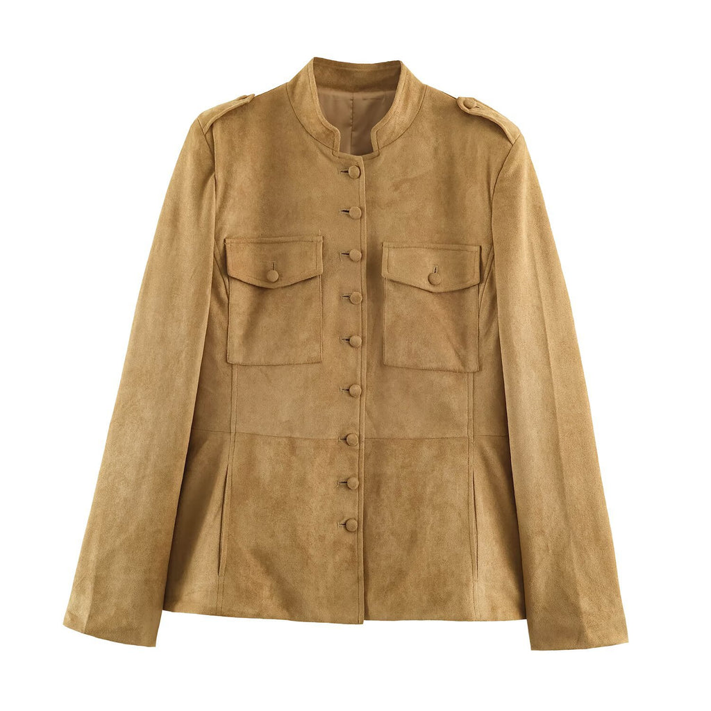 Women's Tailored Velour Jacket in Field Style with Stand-Up Collar and Chest Flaps Fashion Glam