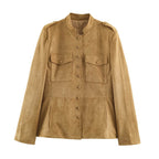 Women's Tailored Velour Jacket in Field Style with Stand-Up Collar and Chest Flaps Fashion Glam