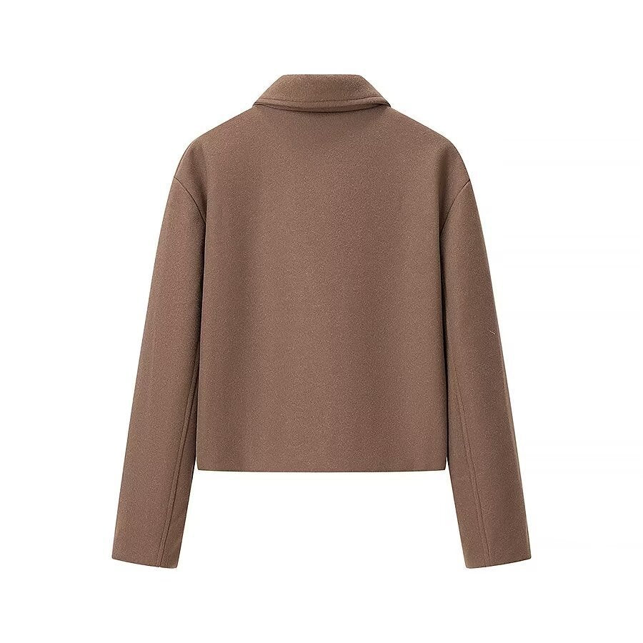 Ladies Short Boxy Wool Blend Zip Jacket with Shirt Collar Fashion Glam