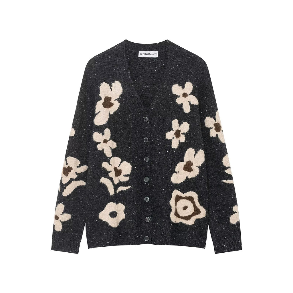 Women's Short Cardigan with Leopard Print and Pearl Flower Buttons Fashion Glam