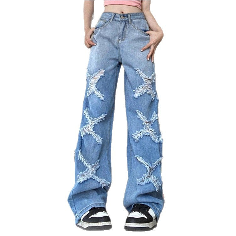 Women's Loose Denim Jeans in Baggy Style with Decorative Fringe Star Appliqués Fashion Glam
