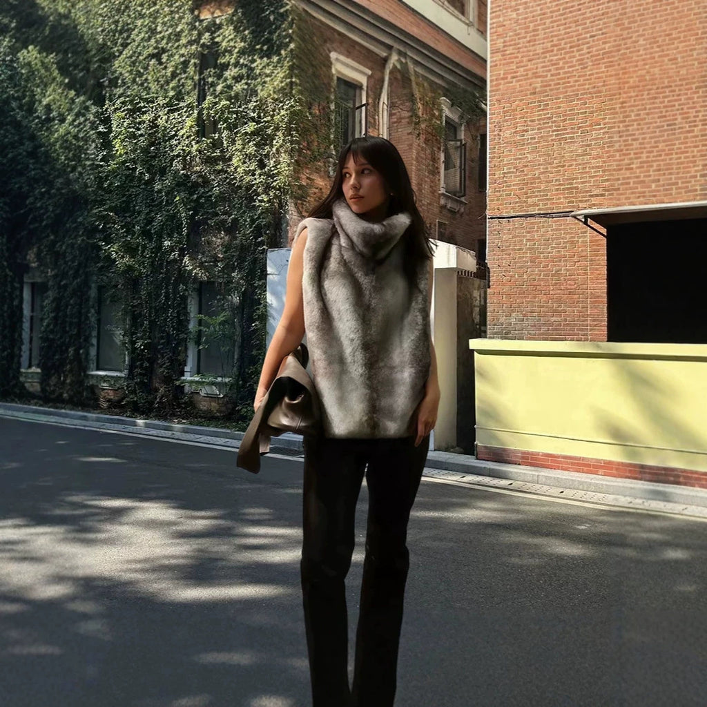 Women’s Sleeveless Faux Fur Vest with High Wrap Collar and Short Cut Fashion Glam