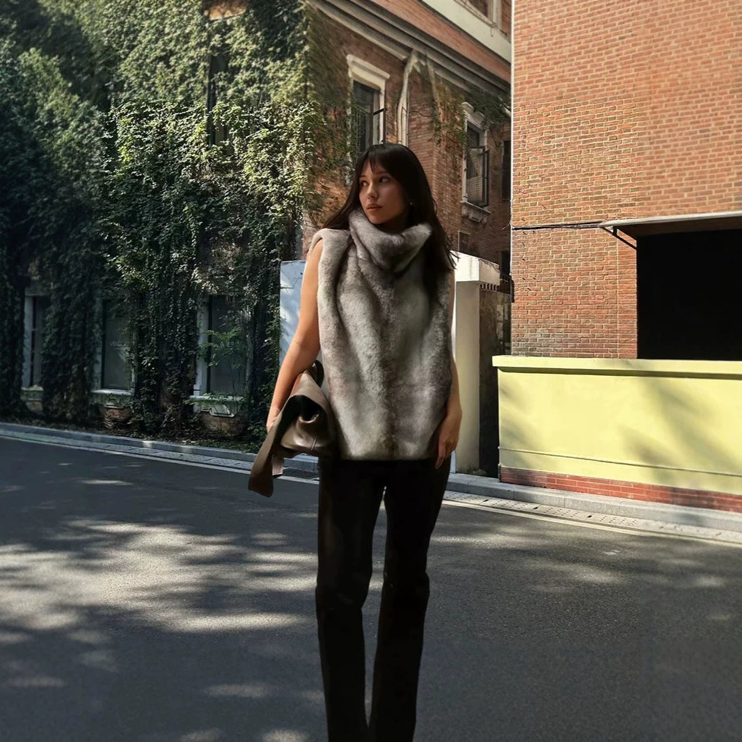 Women’s Sleeveless Faux Fur Vest with High Wrap Collar and Short Cut Fashion Glam