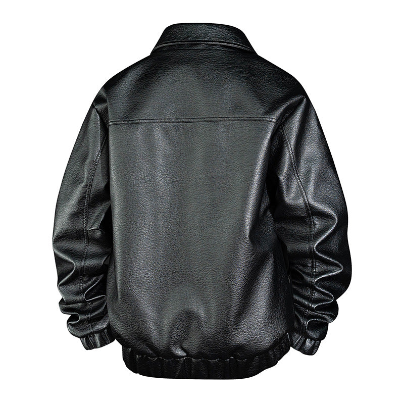Men's faux leather bomber jacket with shirt collar, elastic waistband, and concealed zipper Fashion Glam