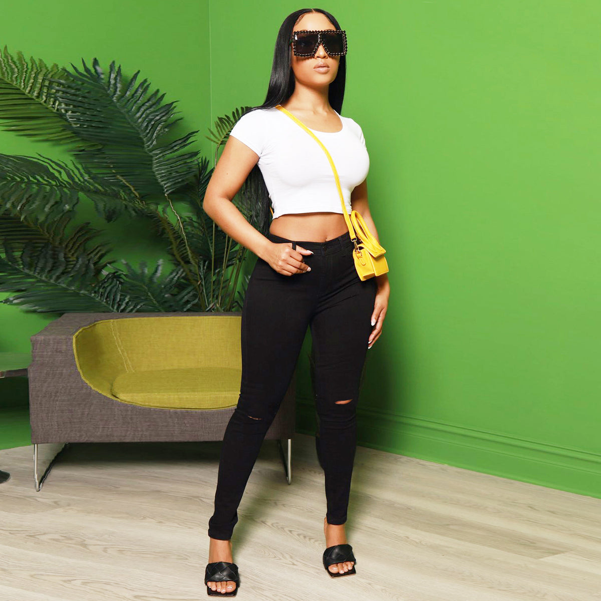 Women's Waist-Cinching Superstretch Skinny Jeans with Knee Cutouts Fashion Glam