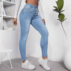 Ladies High-Waist Skinny Jeans with decorative pearl cluster and sculpting cut Fashion Glam