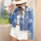 Women's floral print denim jacket cropped with tailored fit and flap pockets Fashion Glam