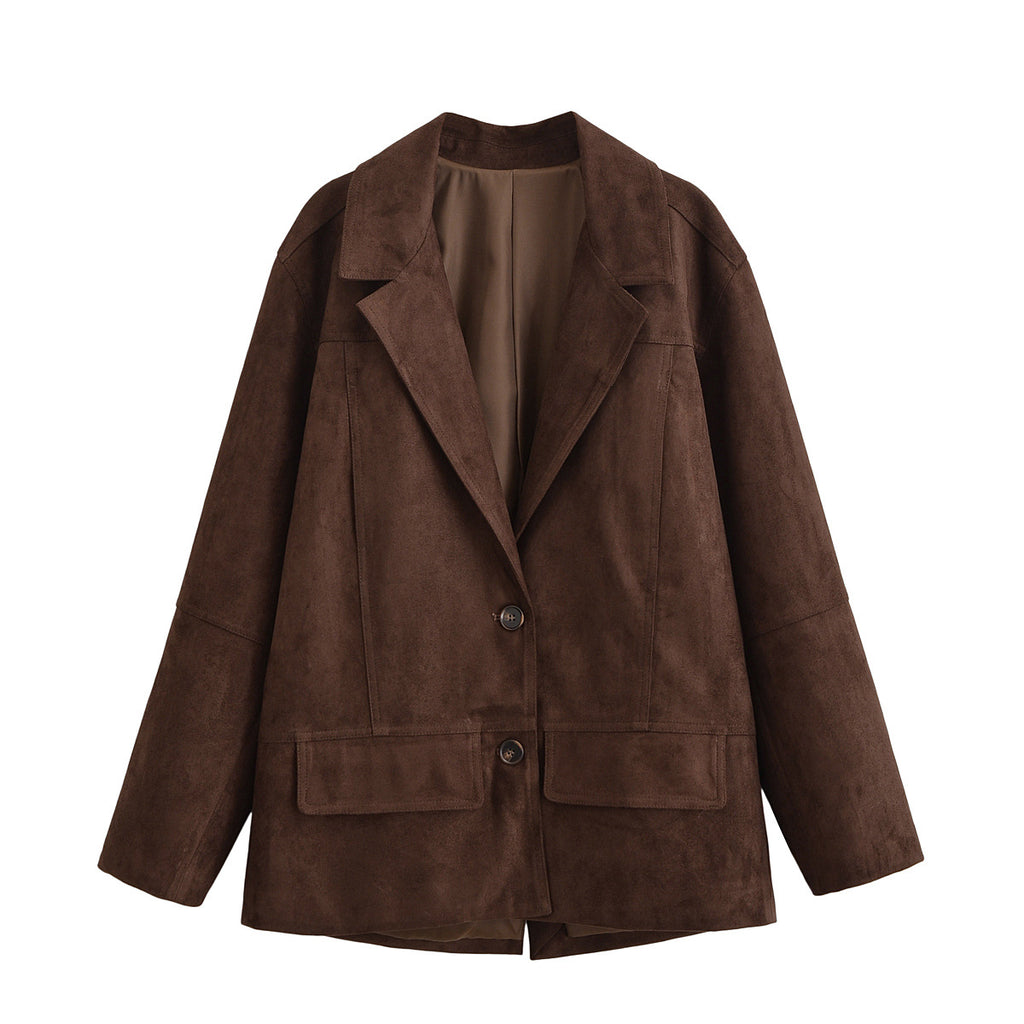 Women's Oversized Suede Look Blazer Jacket with Lapel Collar and Flap Pockets Fashion Glam