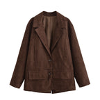Women's Oversized Suede Look Blazer Jacket with Lapel Collar and Flap Pockets Fashion Glam