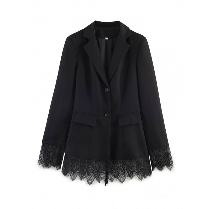 Women tailored blazer with lace trim and flared hem Fashion Glam
