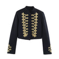 Women's Cropped Bolero Jacket with High Stand-Up Collar and Decorative Galloon Trim Fashion Glam
