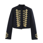 Women's Cropped Bolero Jacket with High Stand-Up Collar and Decorative Galloon Trim Fashion Glam
