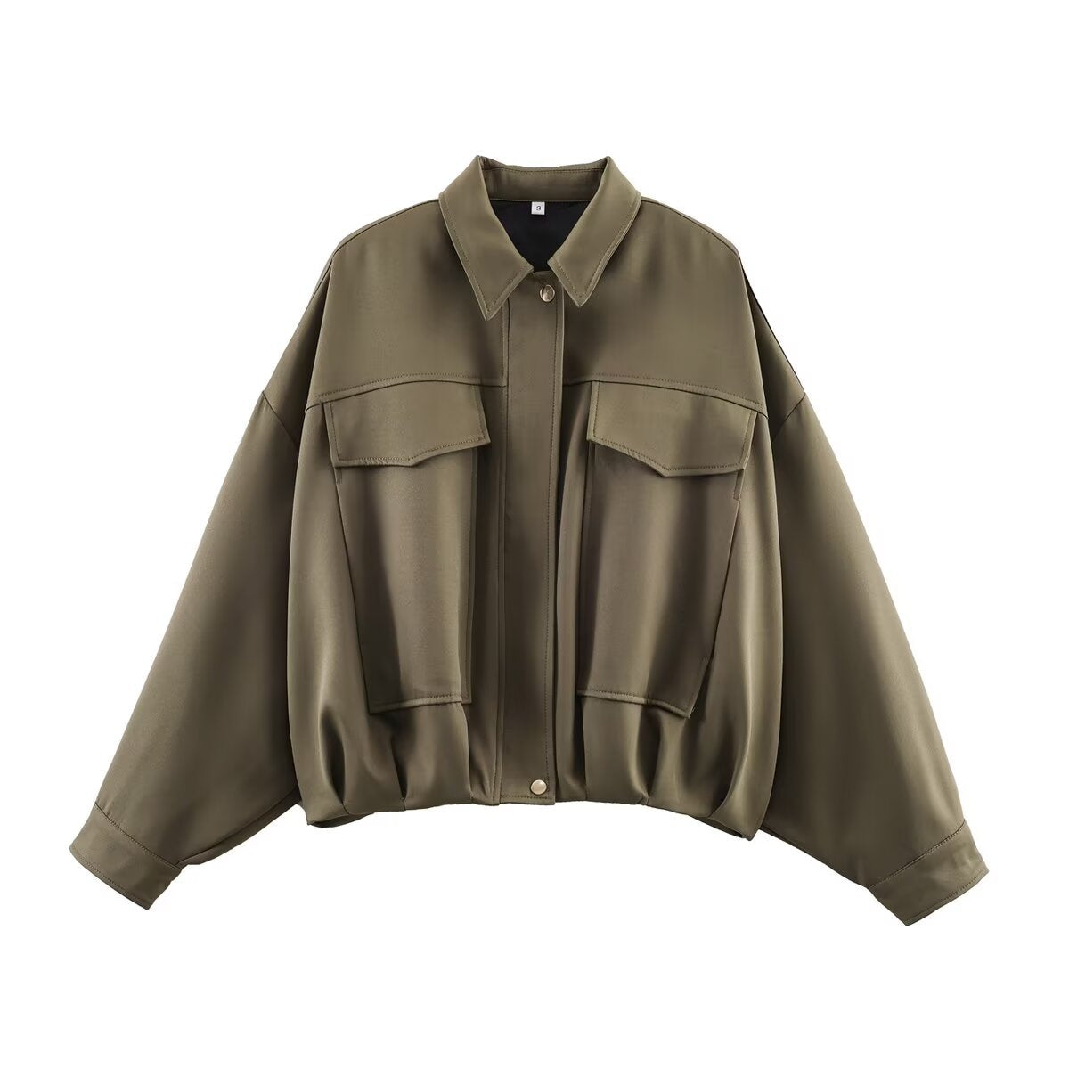 Women's Oversized Short Jacket with Flap Pockets, Drop Sleeves, and Elastic Hem Fashion Glam