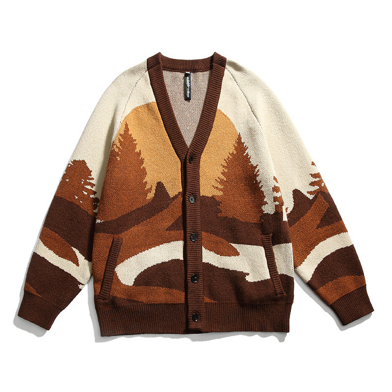 Unisex Chunky Knit V-Neck Cardigan with Landscape Jacquard Pattern and Patch Pockets Fashion Glam