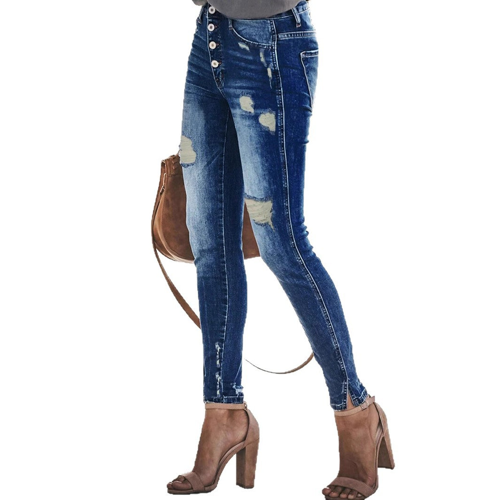 Women's High-Waist Skinny Jeans in Used Look with Visible Button Placket and Ankle Slit Fashion Glam