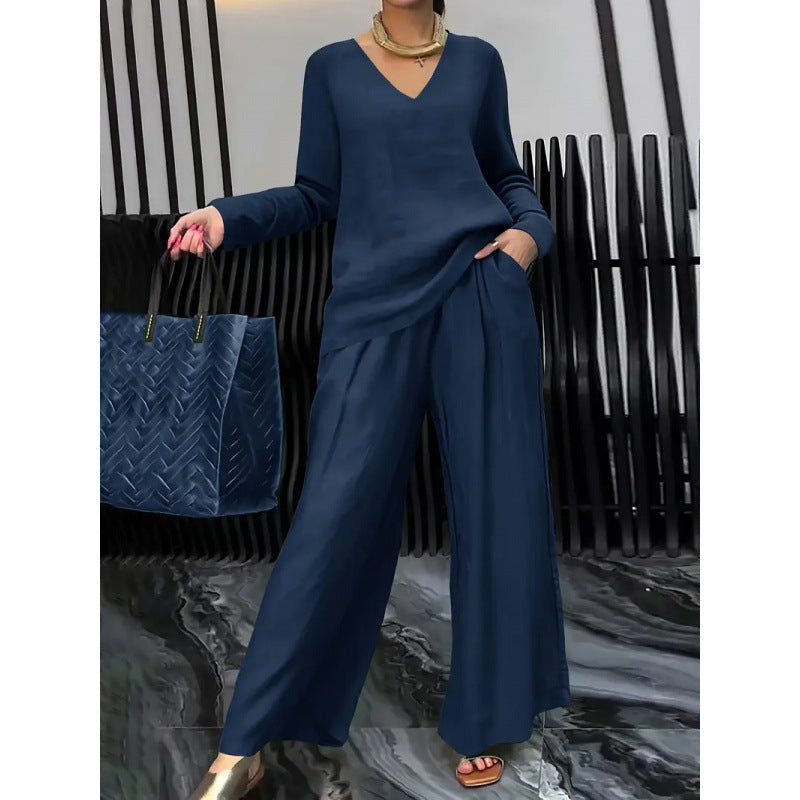 Women's Fine V-Neck Knit Sweater with Flowing Palazzo Pants Fashion Glam