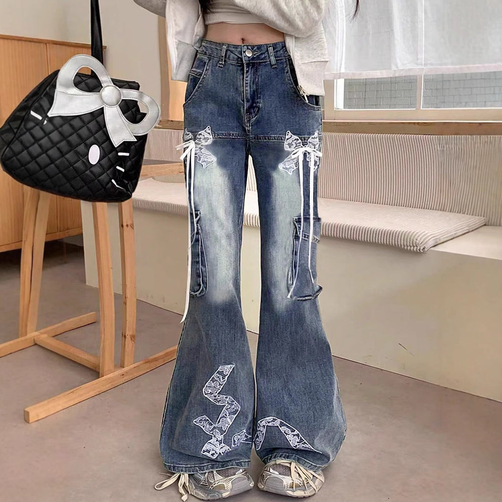 Women's wide flared cargo-style jeans with decorative ribbons, lace appliqués, and multiple pockets Fashion Glam