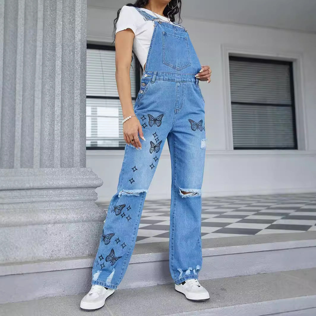 Women Casual Denim Overalls with Butterfly Print, distressed Knee & Wide Leg Fashion Glam