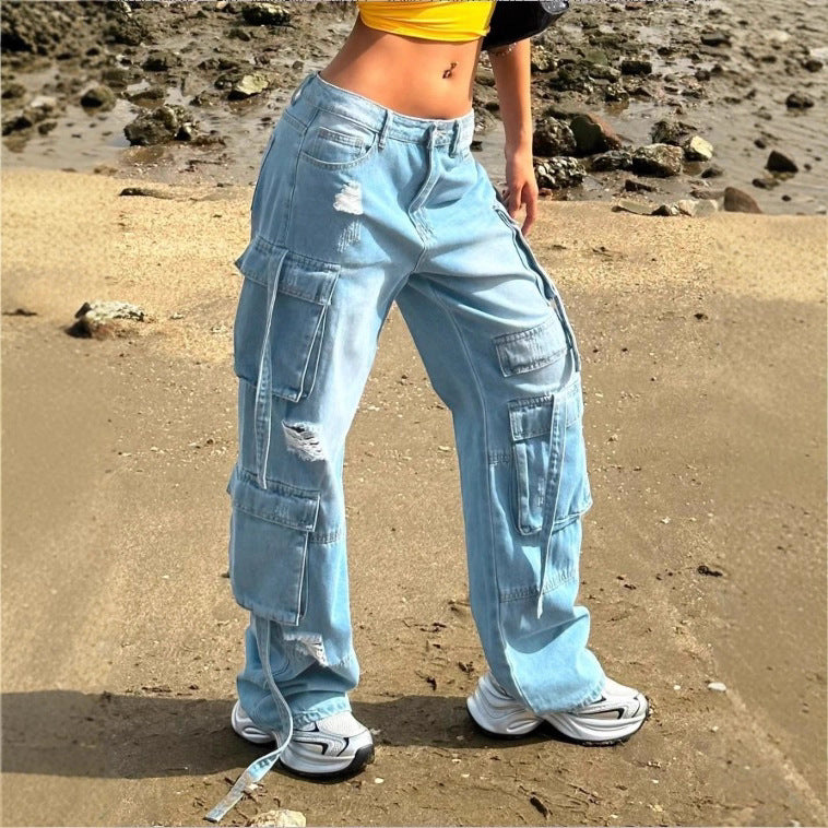 Women's cargo jeans in a wide baggy cut with multiple cargo pockets Fashion Glam