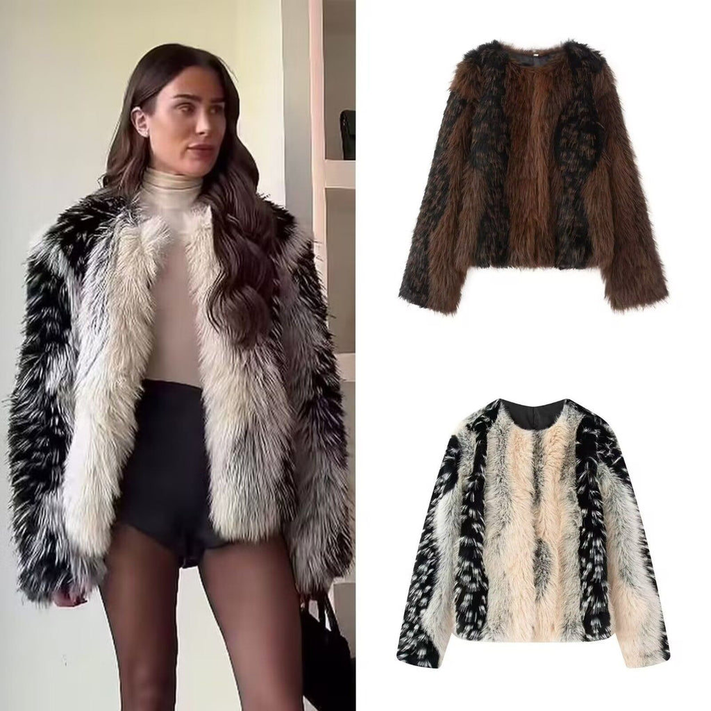 Women's Short Cut Faux Fur Jacket with Striped Fur Texture Fashion Glam