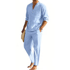 Men's comfortable linen two-piece with stand-up collar shirt and tapered ankle-length pants Fashion Glam