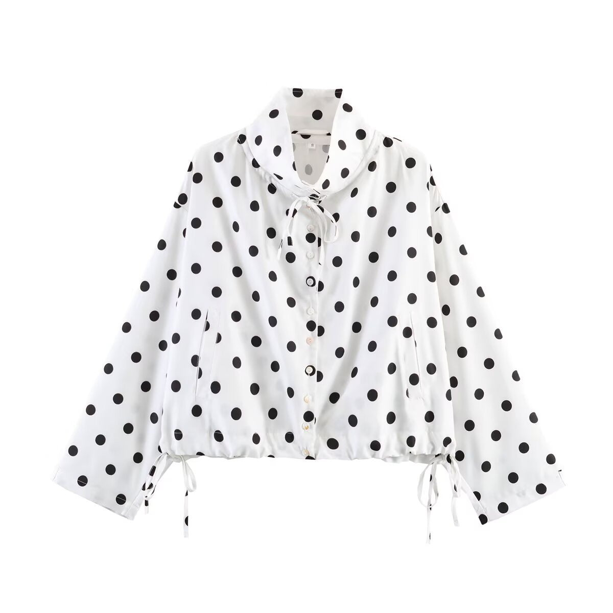 Women's Cropped Polka Dot Transition Jacket with Stand-Up Collar, Drawstring Hem and Button Placket Fashion Glam