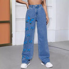 Women Wide Jeans Pants with Butterfly Print Fashion Glam