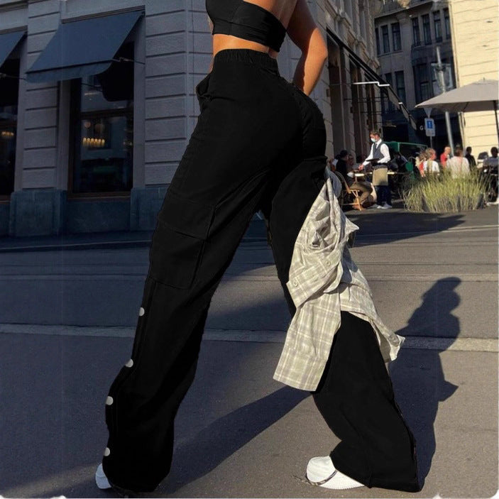 Women's High-Waist Cargo Pants with Wide Leg, Drawstring and Side Snap Details Fashion Glam