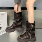 Women’s Mid-Calf Biker Boots with Zipper, Buckle Strap, and Chunky Platform Sole Fashion Glam