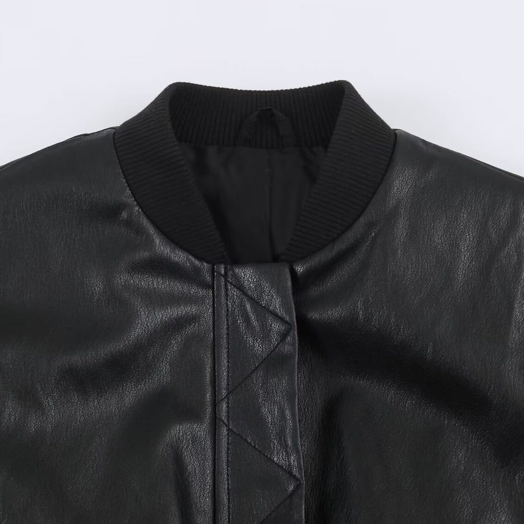 Women's Oversize Bomber Jacket made of Faux Leather with Ribbed Cuffs Fashion Glam