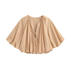 Women Oversized Cape Blouse with Drawstring, Gathered Hem and Voluminous Batwing Sleeves Fashion Glam