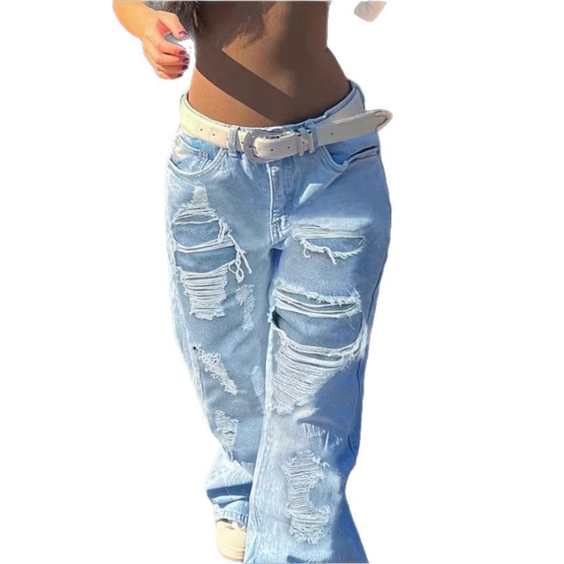 Women's High-Waisted Oversized Baggy Jeans with Strong Destroyed Look and Deep Crotch Fashion Glam