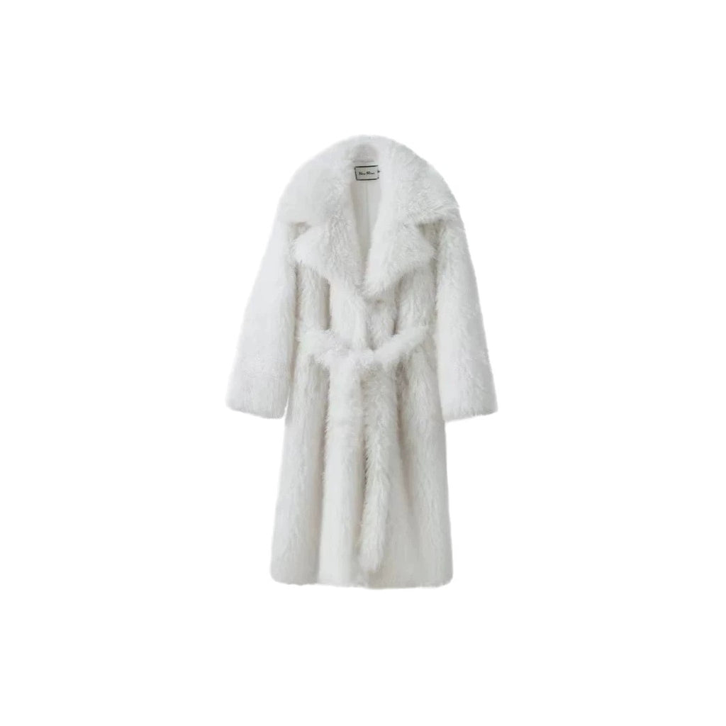 Women’s Maxi Faux Fur Coat with Voluminous Shawl Collar and Wrap Belt Fashion Glam