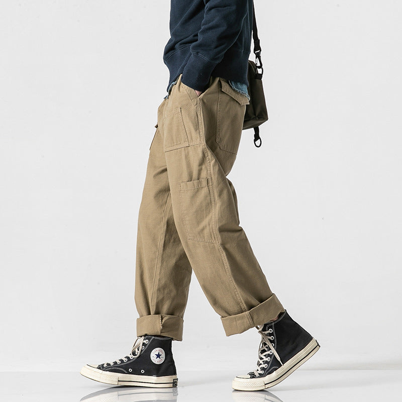 Men's loose cotton cargo pants in baggy cut with multifunctional pockets and rolled hem Fashion Glam