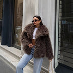Women's short jacket made of long-pile faux fur with extra wide shawl collar Fashion Glam