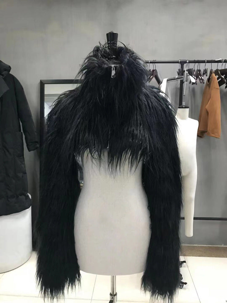 Women's Short Long-fiber Faux Fur Bolero with Extra Long Sleeves and High Standing Collar Fashion Glam