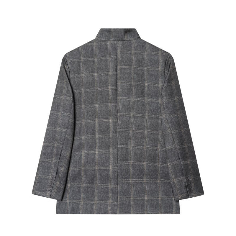 Women's tailored check blazer with stand-up collar, concealed button placket and flap pockets Fashion Glam
