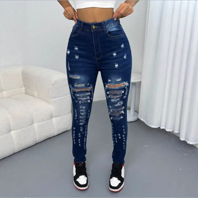 Women High-Waisted Ripped Skinny Jeans with Waist-Shaping Comfort Band Fashion Glam