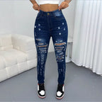 Women High-Waisted Ripped Skinny Jeans with Waist-Shaping Comfort Band Fashion Glam
