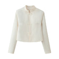 Women Cropped Tailored Jacket with Mandarin Collar and Decorative Toggle Closures Fashion Glam