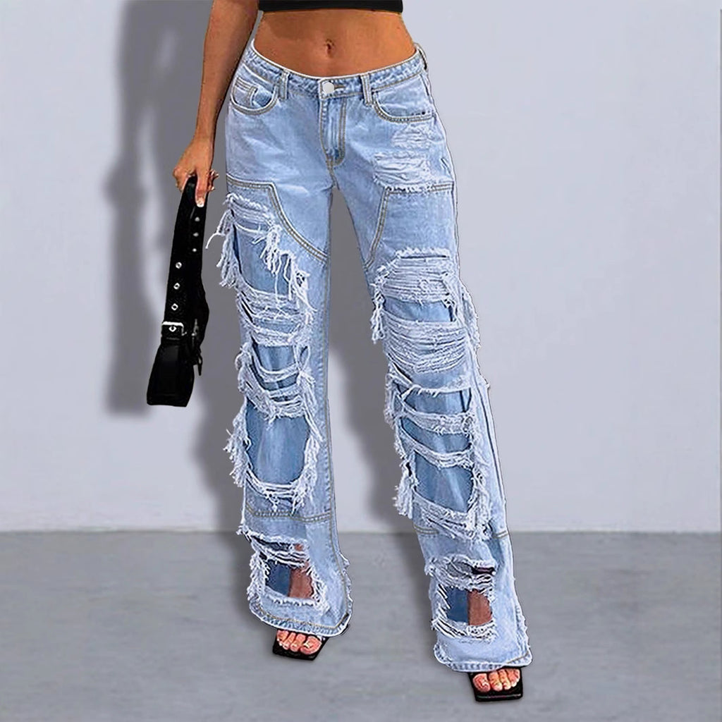 Women Stark ripped Wide-Leg Denim Jeans with fringe details Fashion Glam