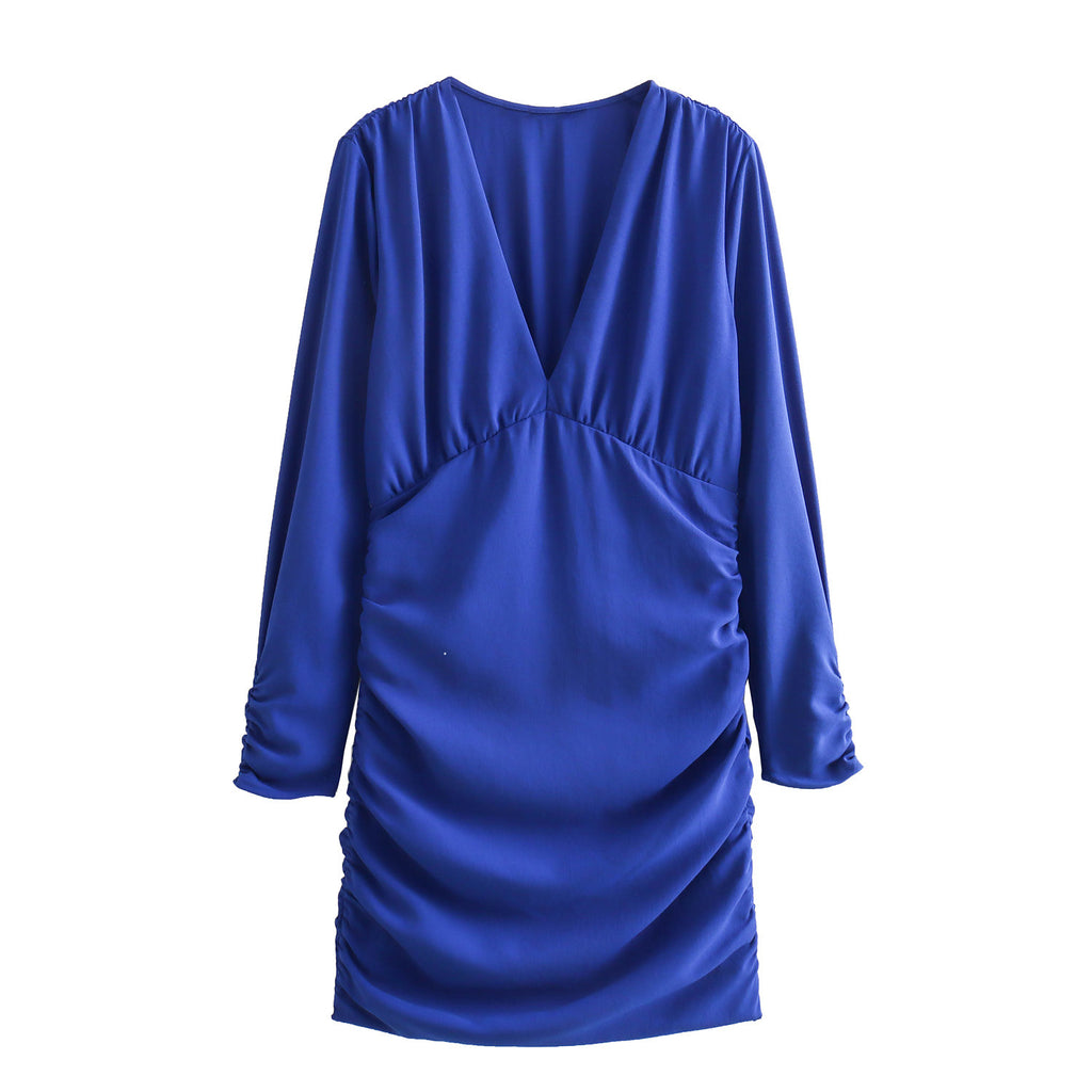 Women's Figure-hugging Mini Dress with Deep V-Neck and Side Gatherings Fashion Glam