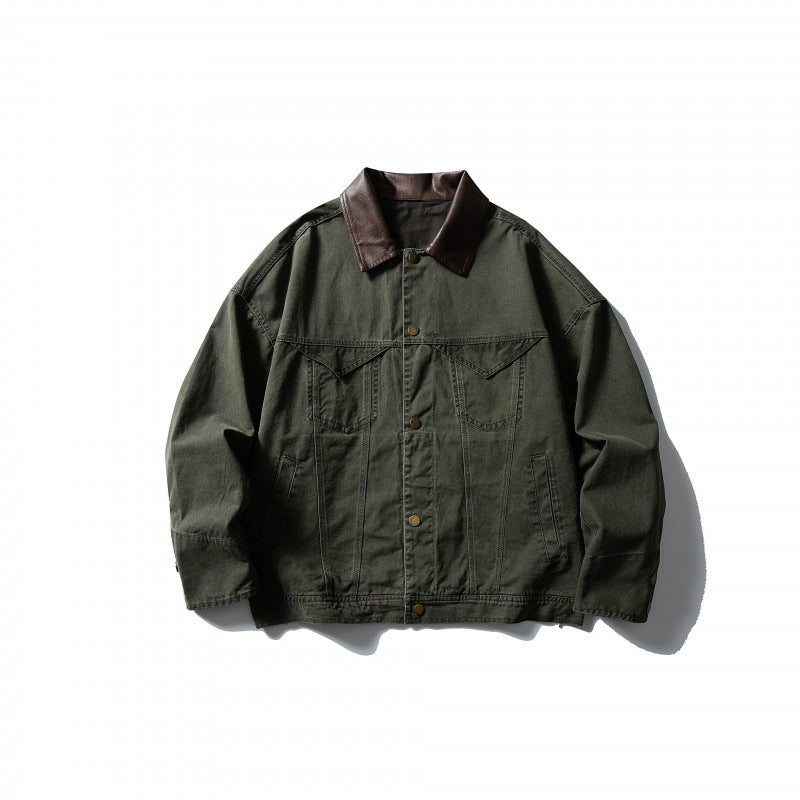 Men's Boxy Canvas Jacket with Leather Collar and Overshirt Silhouette Fashion Glam