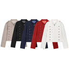 Women's Military Inspired Cropped Wool Blend Jacket with Decorative Button Placket and Stand-Up Collar Fashion Glam