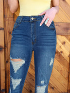 Women's Retro Flared Jeans with High Waist, Destroyed Details and Sculpting Stretch Waistband Fashion Glam