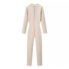 Ladies Body-Con Knitted Jumpsuit with Zipper and Stand Collar Fashion Glam