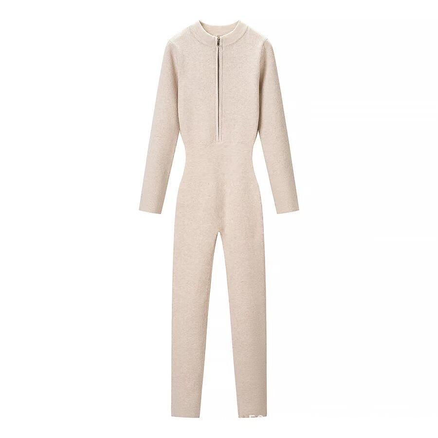 Ladies Body-Con Knitted Jumpsuit with Zipper and Stand Collar Fashion Glam