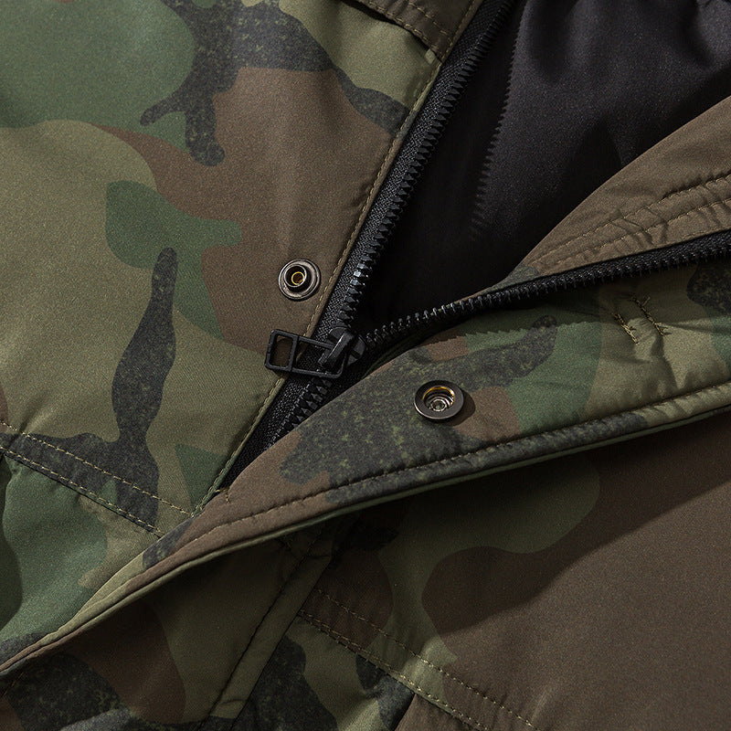 Unisex Boxy-Short-Puffer Jacket in Camouflage-Utility Style with Hood and Concealed Front Placket Fashion Glam